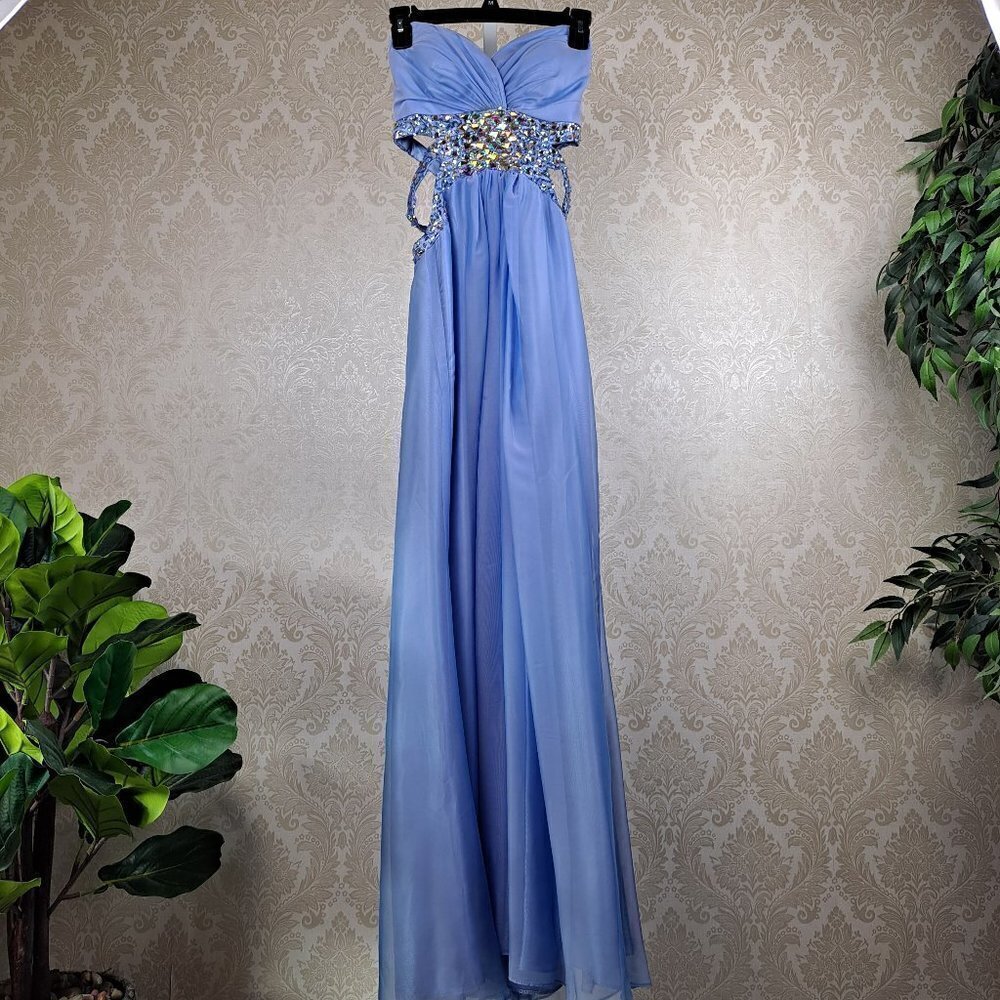 La Femme Size 2 Light Blue Strapless Formal Dress Cutouts Crystal Embellished